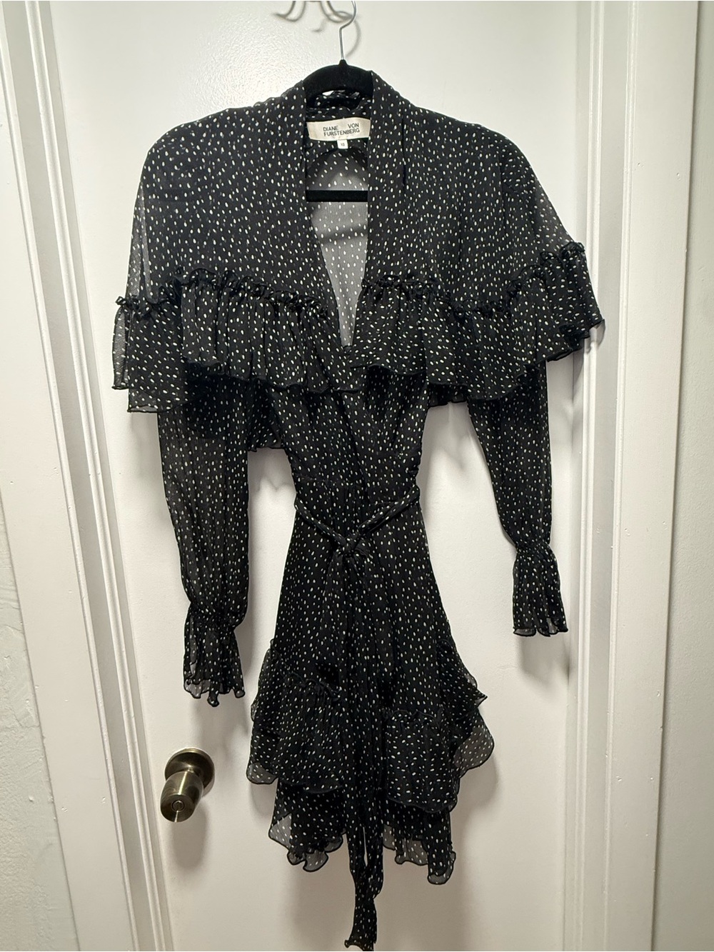 Diane Von Furstenberg Black with White Dot Ruffle Wrap Dress